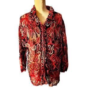 Mary Kay Sheer Zip Blazer Cardigan Jacket Floral Embroidered Artsy Plus XXL